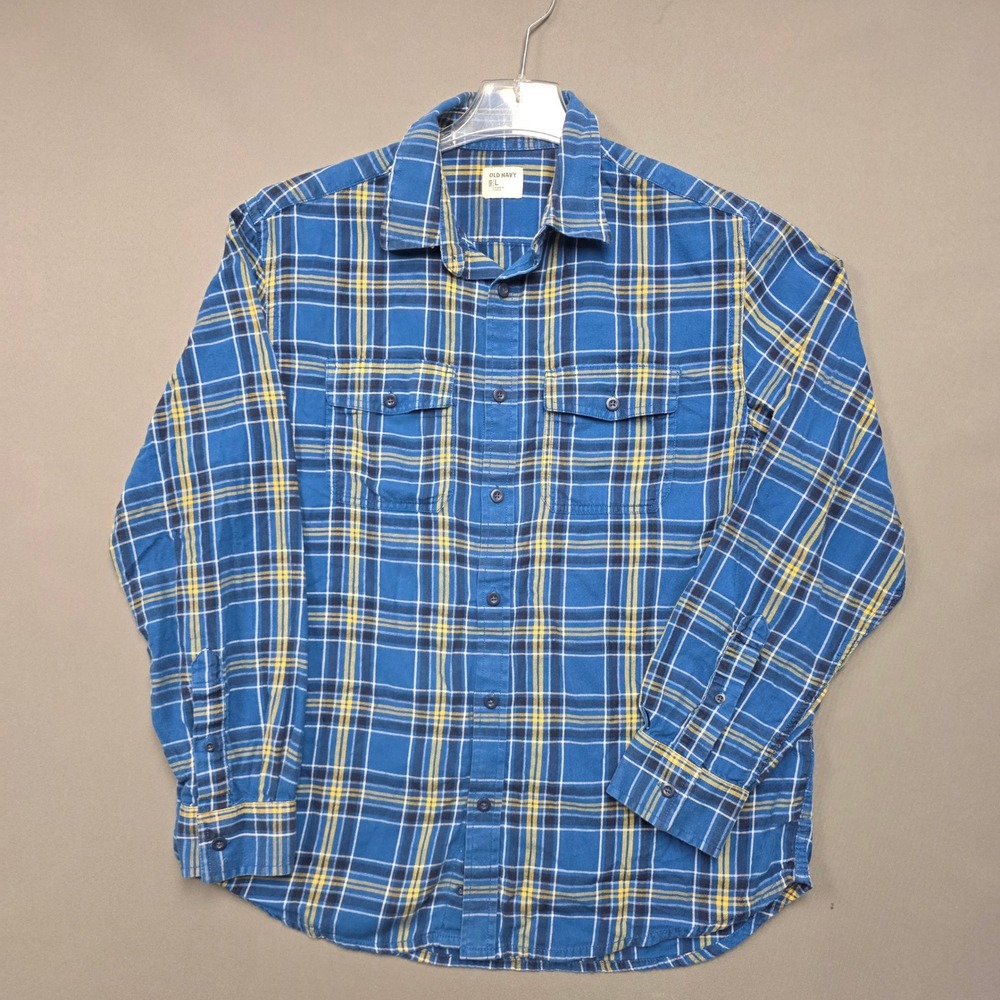 Old Navy Flannel Shirt Men's Long Sleeve Plaid Blue Yellow Size L